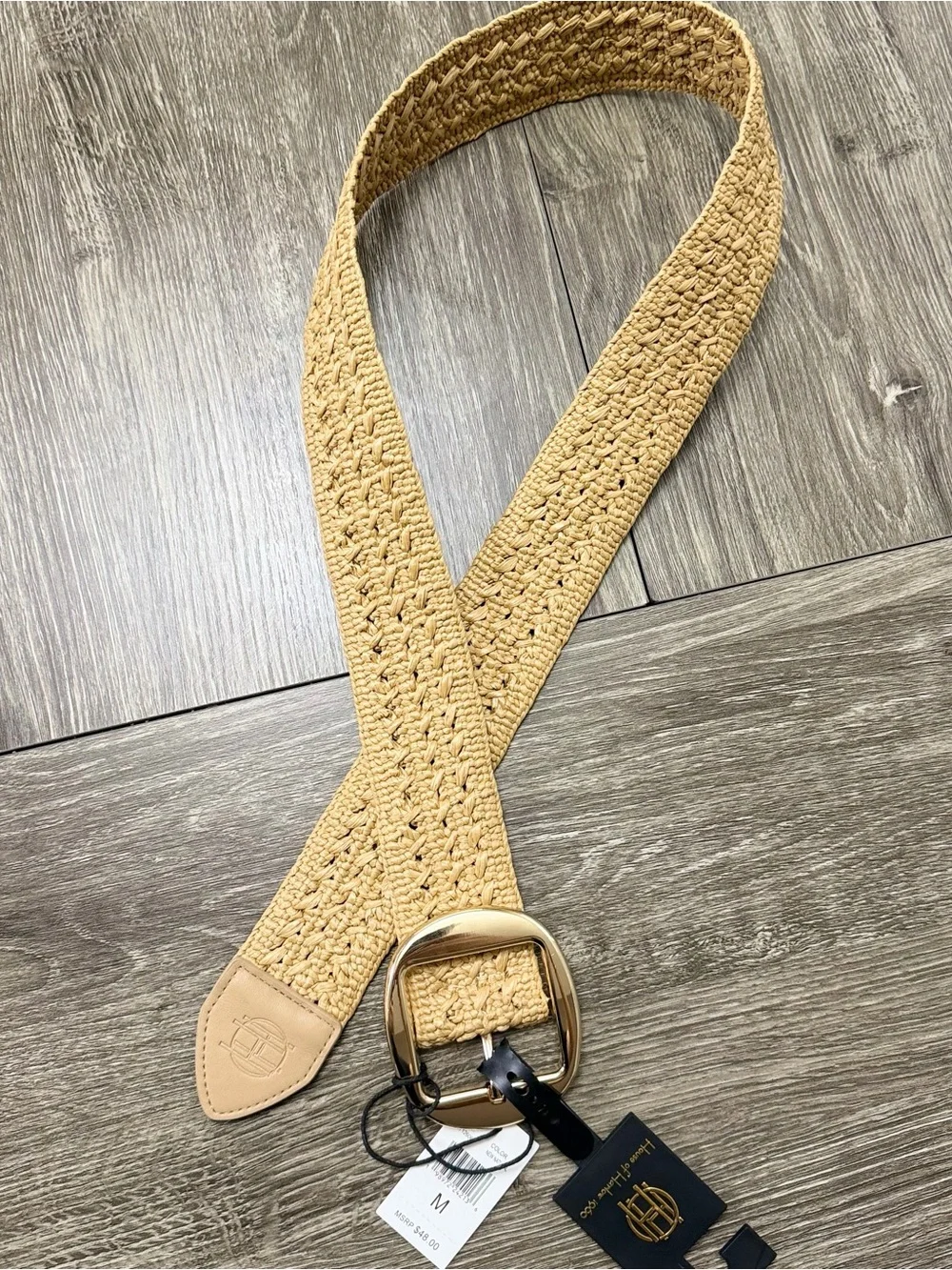 House of Harlow 1960 Beige Woven Belt with Gold Buckle Size M New